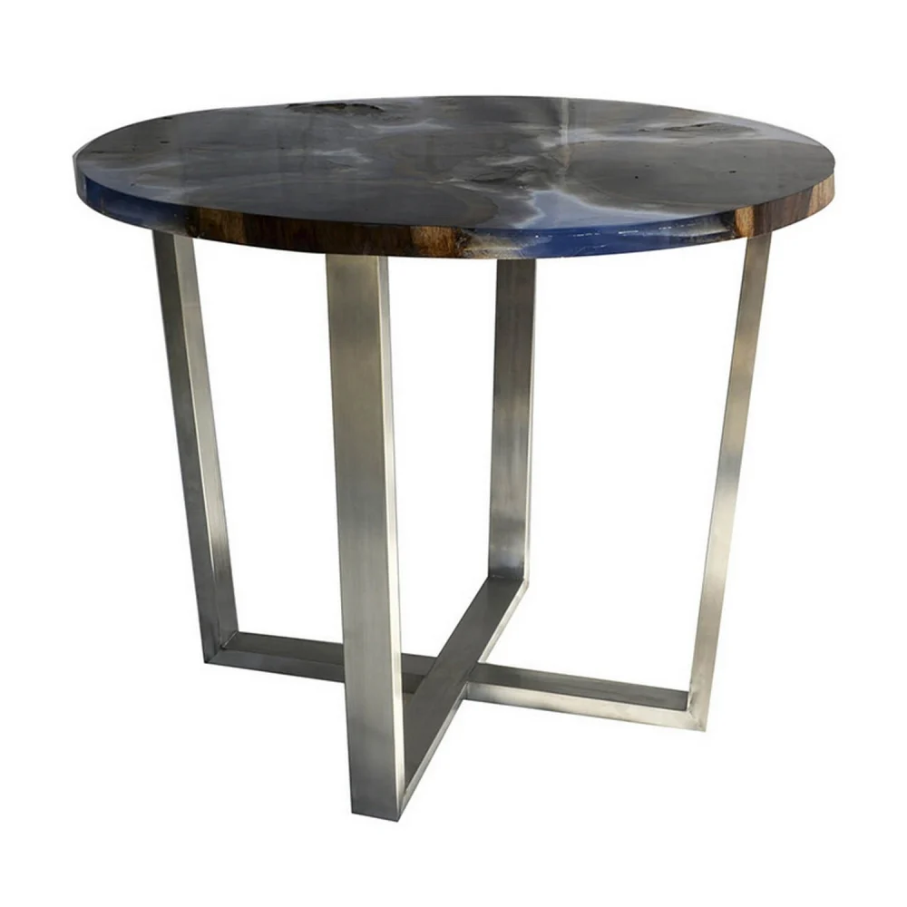 Benjara 36 Inch Round Resin Top Coffee Table with Sonokeling Wood Frame Blue Grey