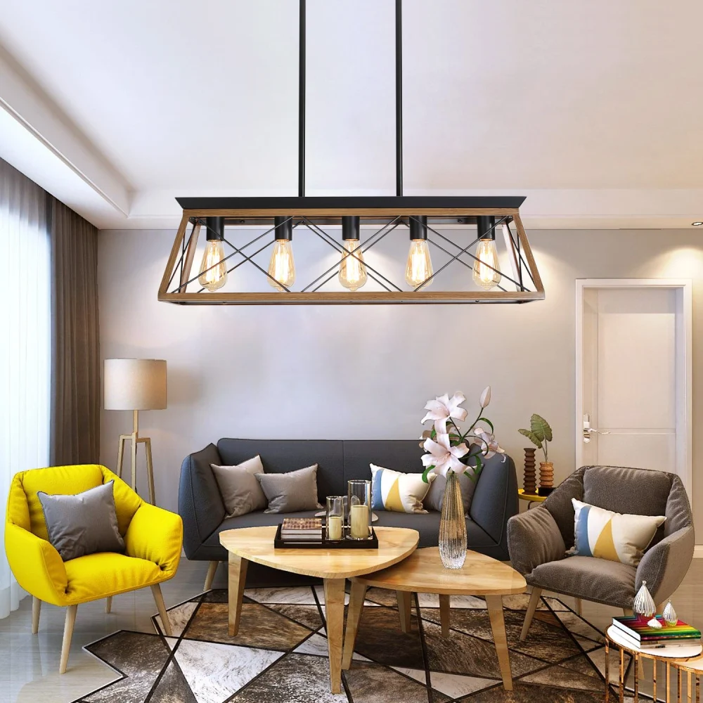 5 Light Walnut Farmhouse Chandeliers For Dining Room Rustic Ceiling Lighting Fixture