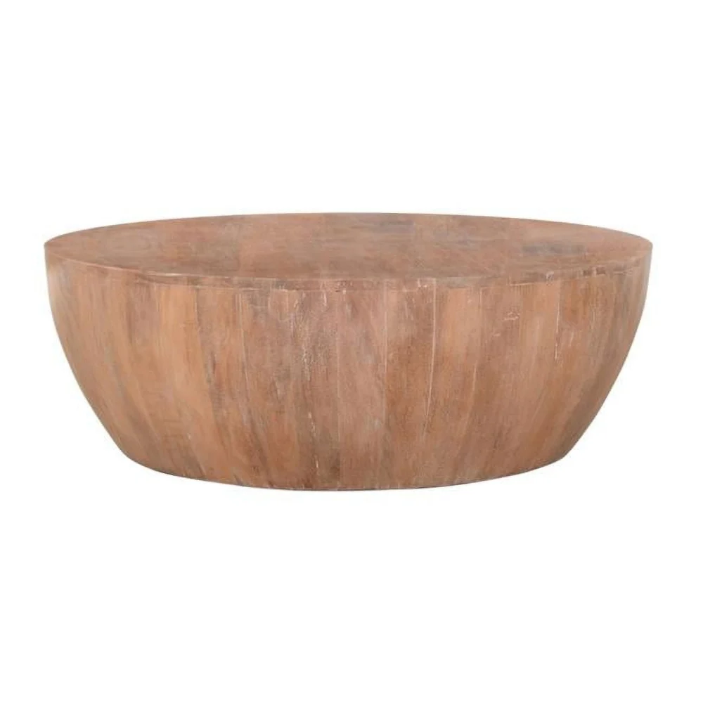 12 x 35.5 x 35.5 in Drum Shape Wooden Coffee Table with Plank Design Base Distressed Brown