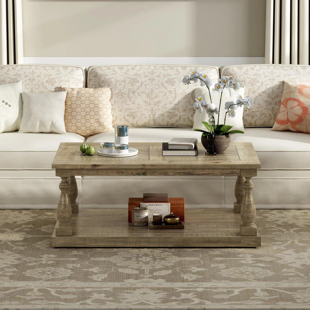 Supfirm U_STYLE Rustic Floor Shelf Coffee Table with Storage in Solid Pine Wood