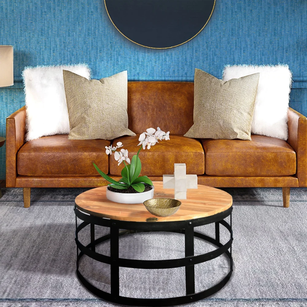 Teak Wood Nutella Coffee Table With Ironwork Base Rustic Living Room Furniture