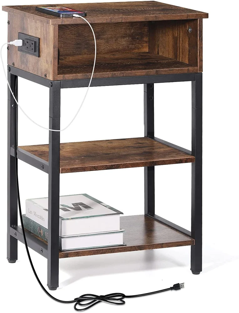 Oumilen Western Home 24.8 End Table 3 Layers with Charging Station Rustic Burnt Wood Side Table
