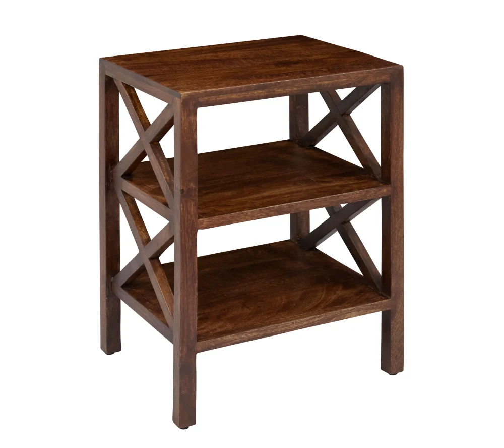 Jofran Global Archive Solid Wood Rustic Modern X-Side Accent Table with Two Shelves - Farmhouse Side Table