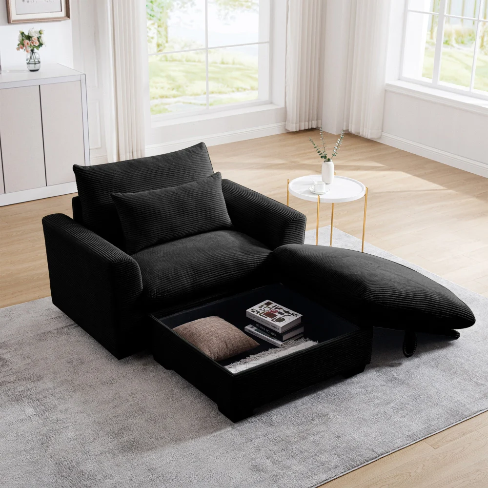Black Corduroy Sofa Couch Modular With Storage Ottoman