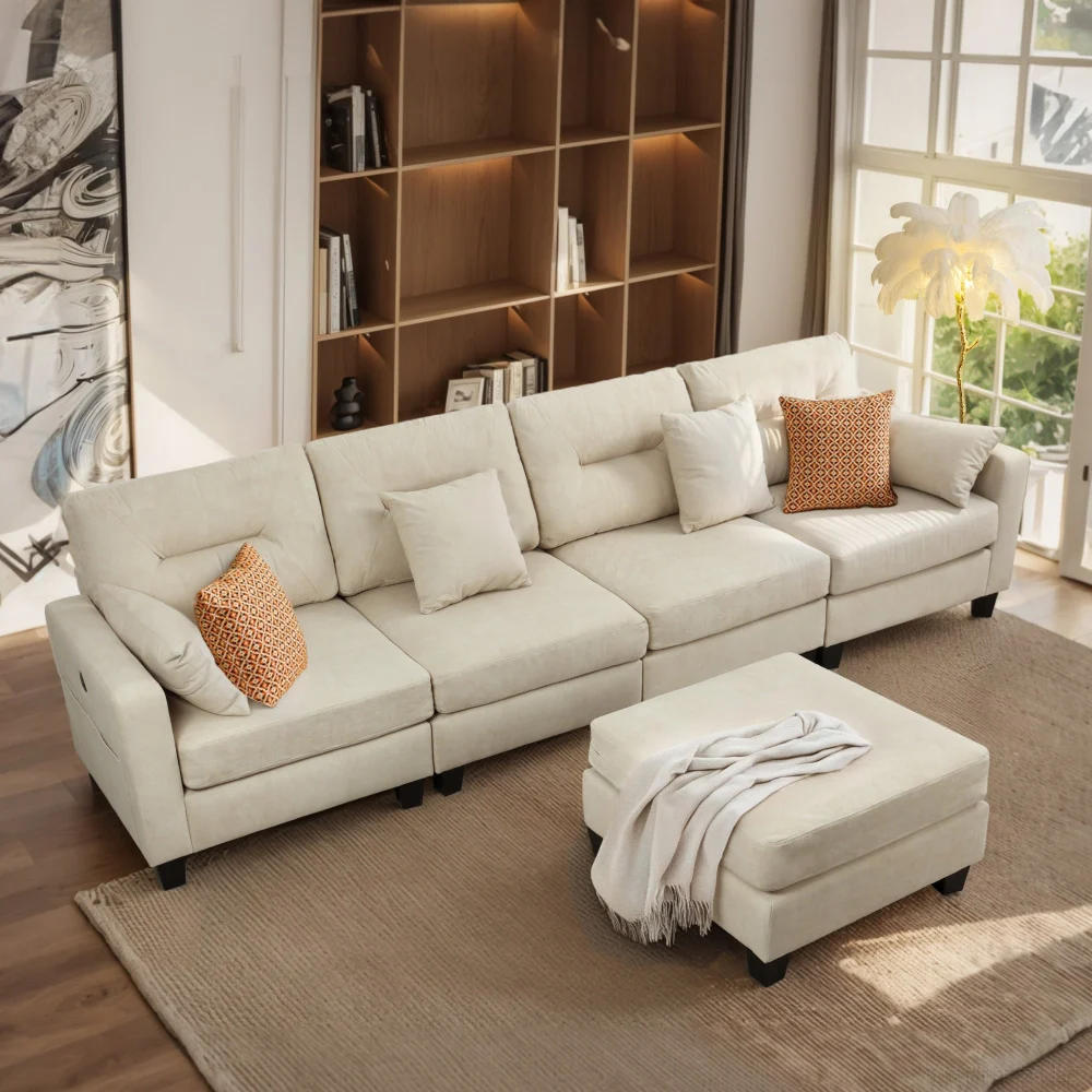 125 Inch L Shaped Modular Sectional Couch With USB Ports Oversized