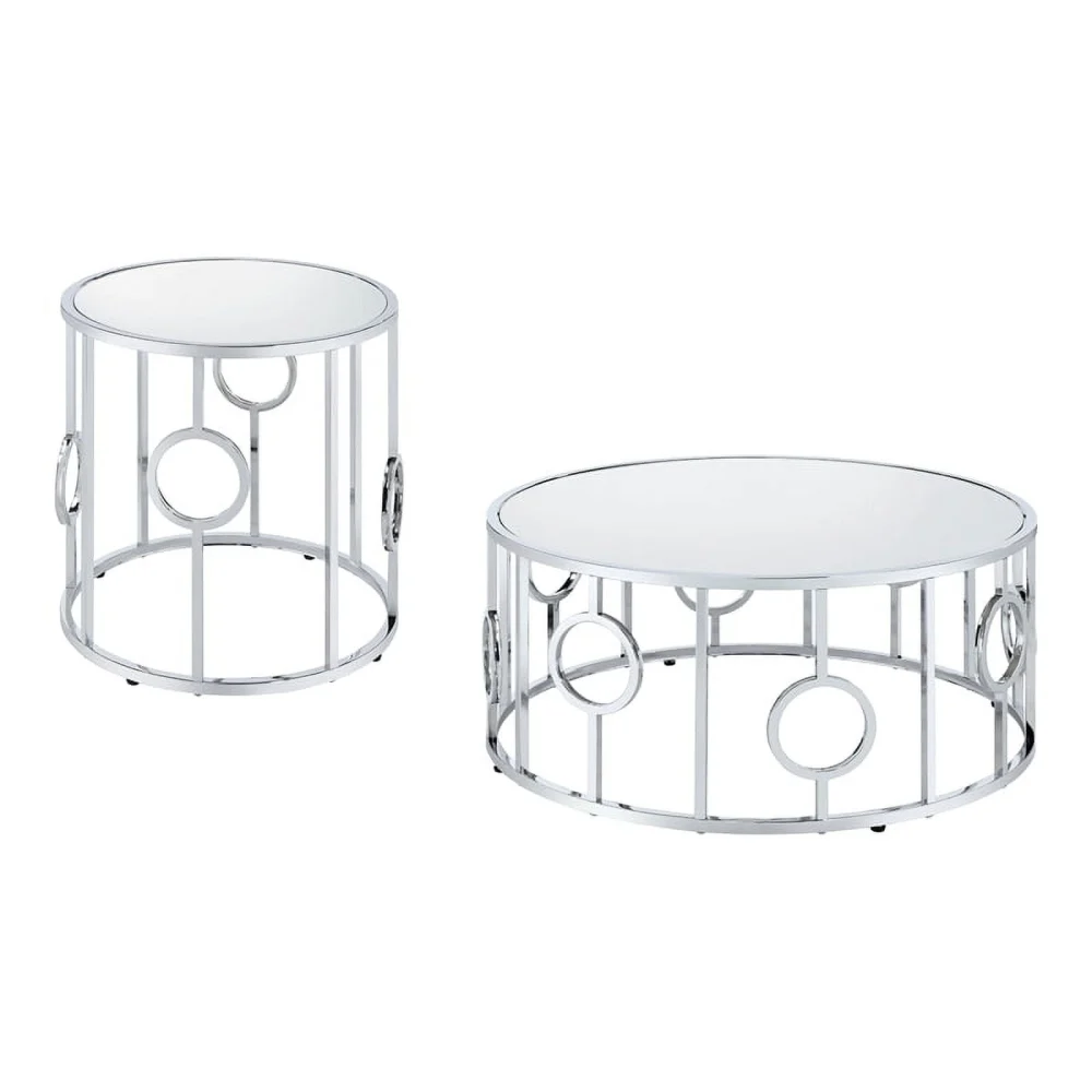 Bowery Hill Metal and Mirror Top Chrome 2-Piece Coffee Table Set for Living Room