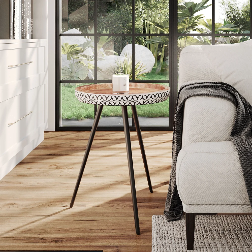 Handmade Natural Bone Inlay Round Side Table with Iron Legs - 16 Inch Diameter by East at Main