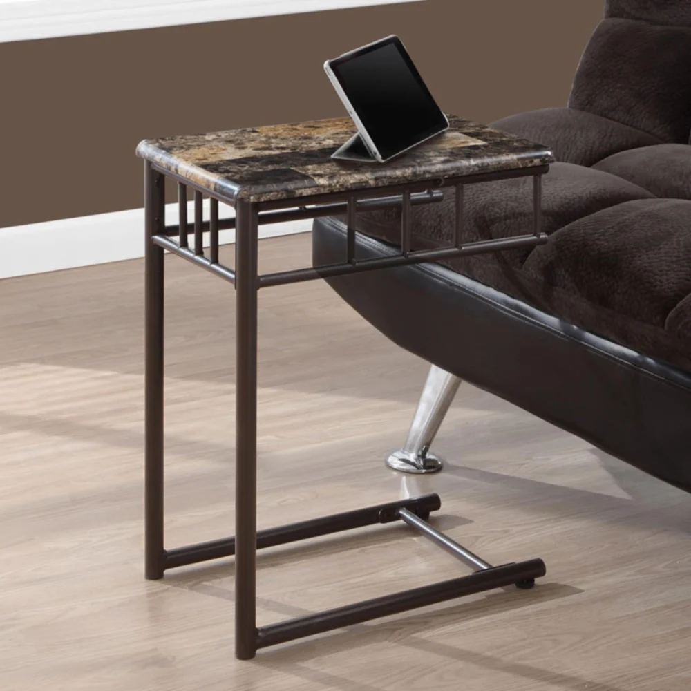 Monarch Specialties C-Shaped Accent Table End Side Snack Table Brown Marble Look Laminate