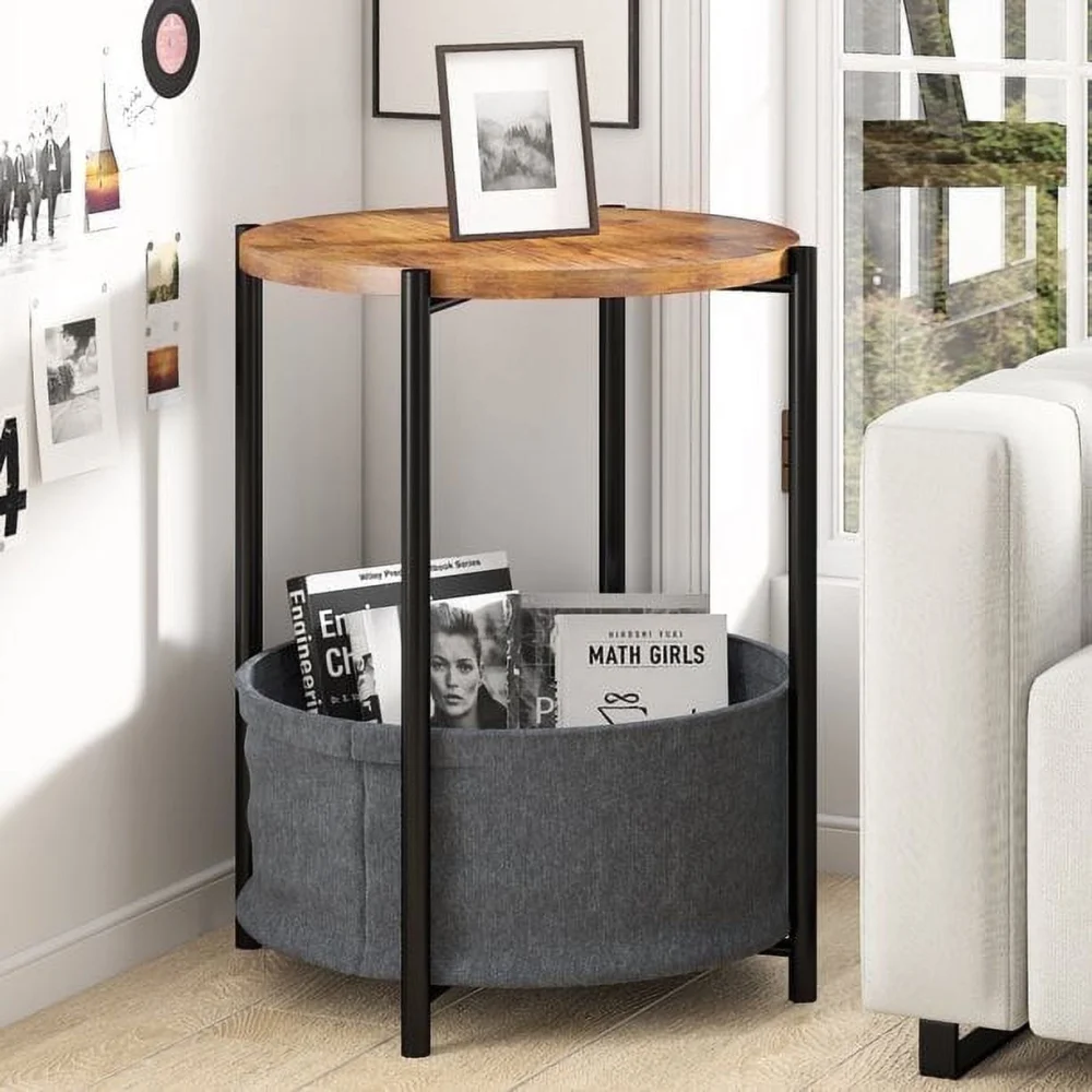Funcid Round Side Table with Fabric Storage Basket Wooden Accent Table for Living Room Bedroom