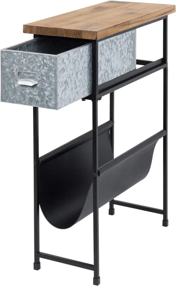 MyGift Solid Wood and Metal Narrow Side Table with Galvanized Drawer and Leatherette Sling Magazine Holder