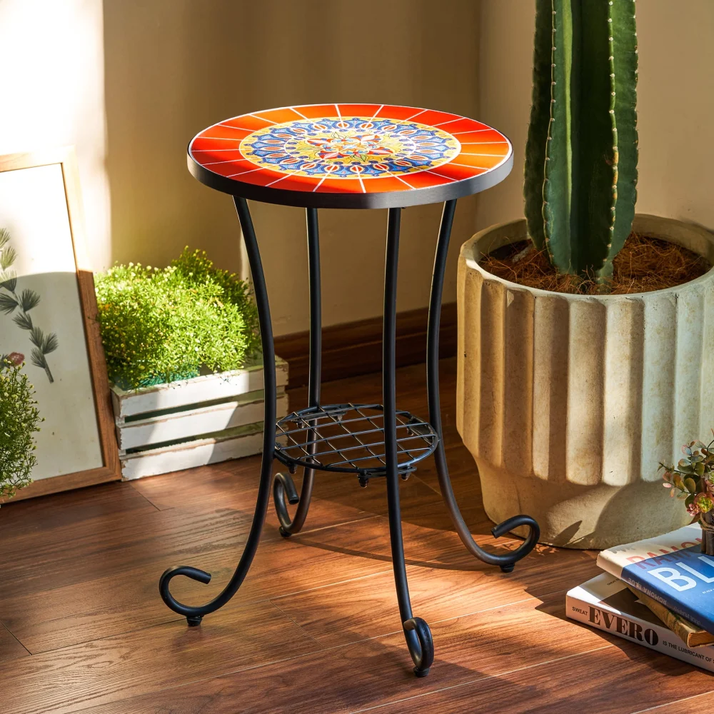 14 Mosaic Plant Stand with Shelf Outdoor Side Table for Porch Patio Garden Red