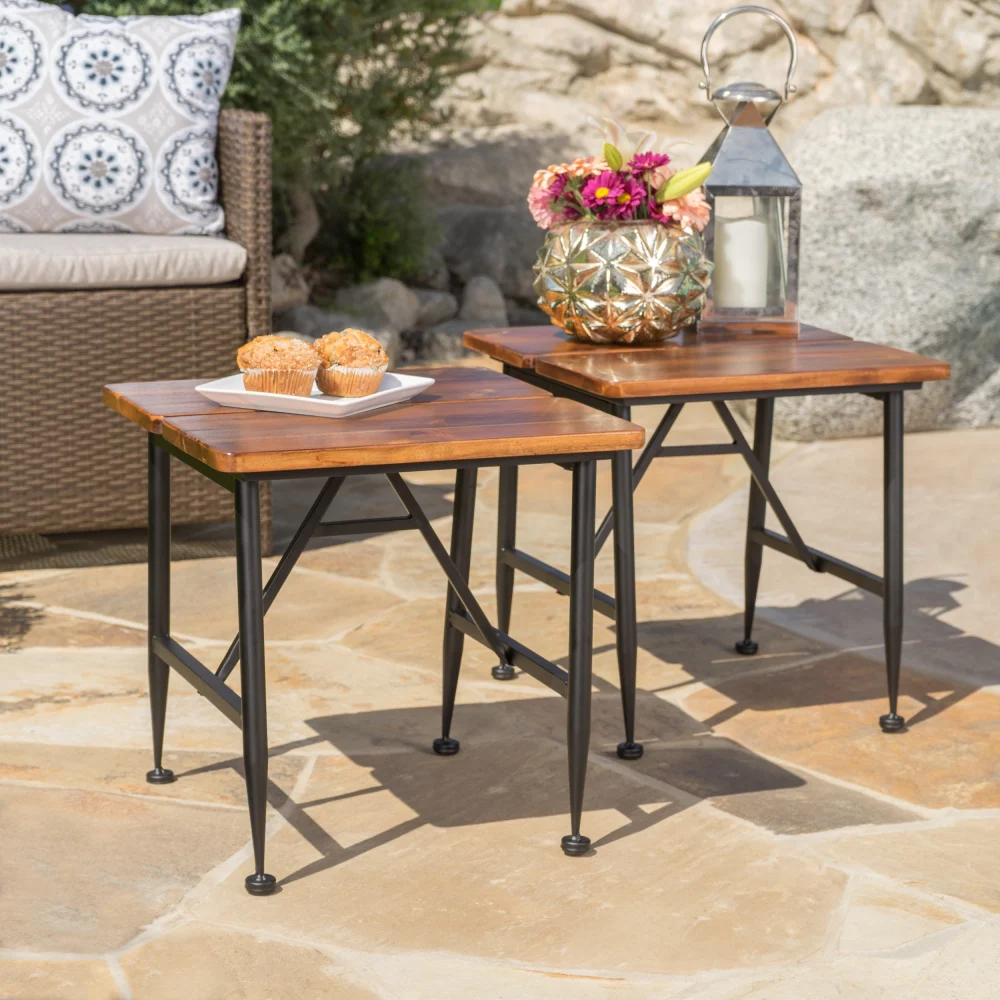 Cascada Outdoor Industrial Acacia Wood Accent Table with Iron Accents - Set of 2 Black Antique Finish