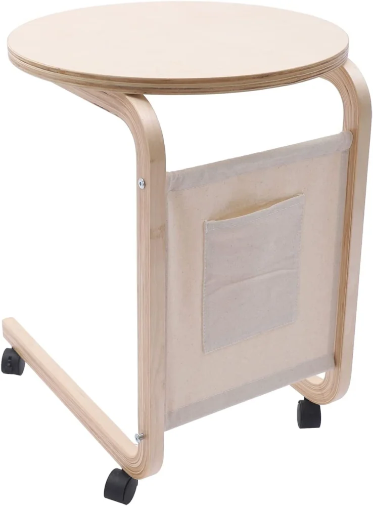 MONIPA C Shape Bedside Table Corner Sofa Coffee Table Small Round Solid Wood with Storage Bag for Living Room Bedroom Dining Room