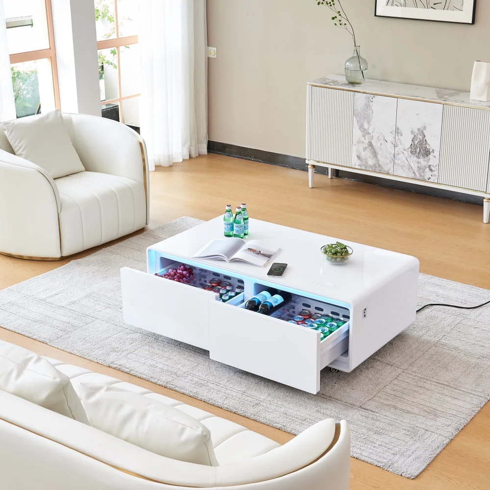 DeeHome Smart Table Fridge - Multifunctional Coffee Table with Tempered Glass Top and Back Screen