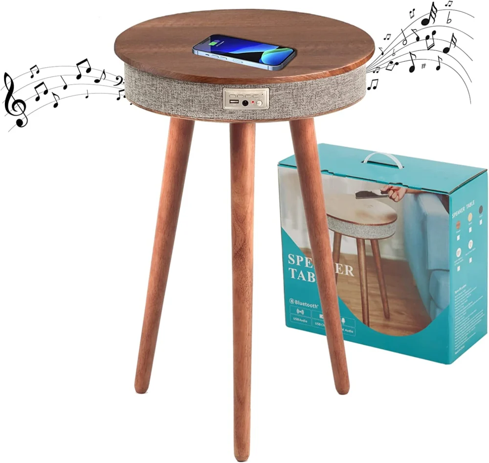 Toocust Round Smart End Table 23.6 Inch Bluetooth Speaker Table with USB Ports and Wireless Charging