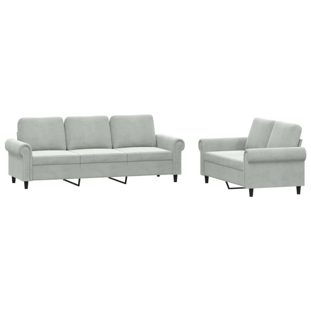 2 Piece Light Gray Velvet Sofa Set with Cushions for Living Room Decor