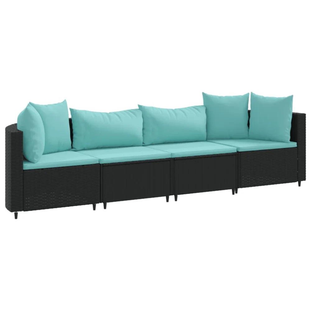4 Piece Black Poly Rattan Patio Sofa Set with Cushions