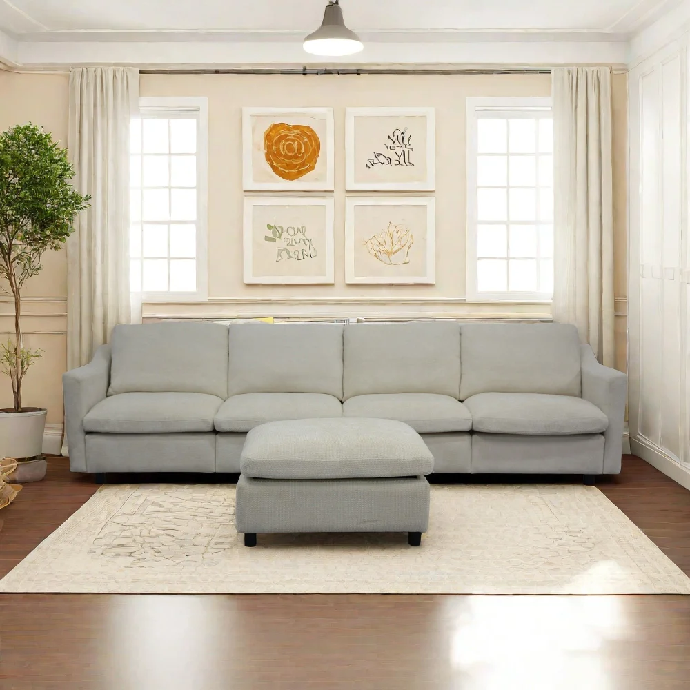 4 Seater Modern Beige Modular Cloud Sofa with Ottoman and Armrest
