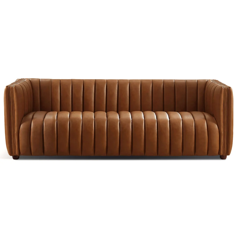 April Mid Century Modern Premium Tight Back Tan Hide Couch Brown