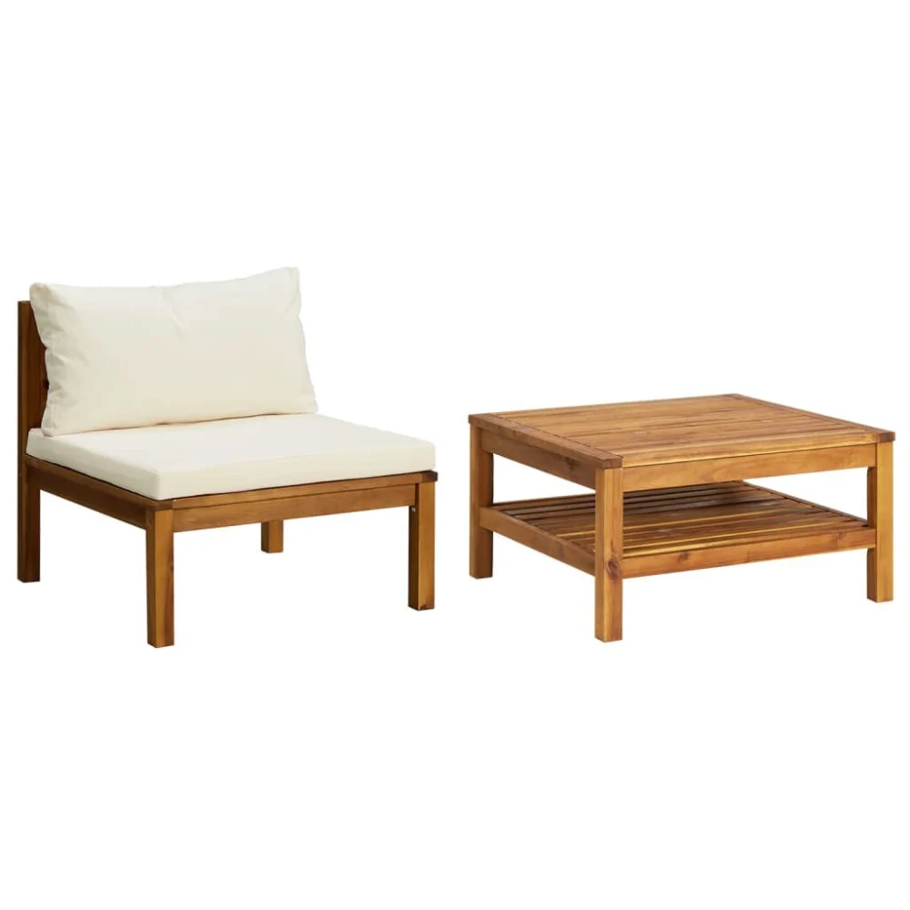 2 Piece Patio Sofa Set with Cream White Cushions Acacia Wood Outdoor Furniture