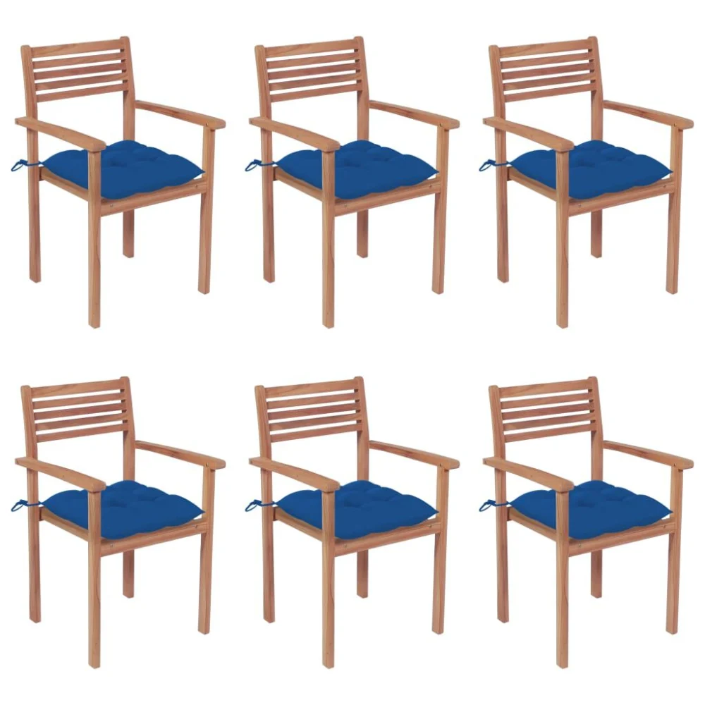 Stackable Solid Teak Wood Patio Chairs Set of 6 with Blue Weatherproof Cushions
