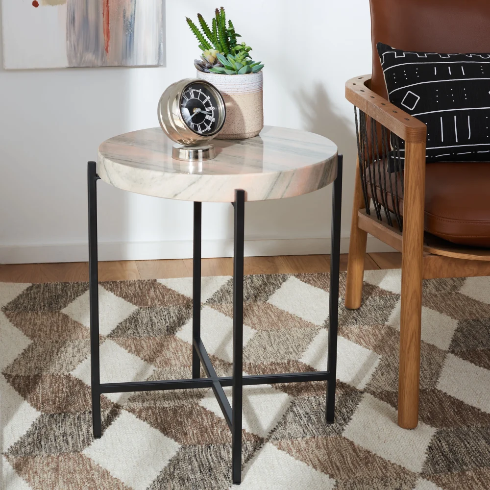 SAFAVIEH Azula Modern Stone Round Top Accent Table in Burnt Orange Stone