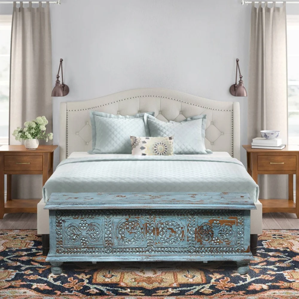 19 Inch Tall Blue Handcarved Solid Wood Bedroom Chest Coffee Table