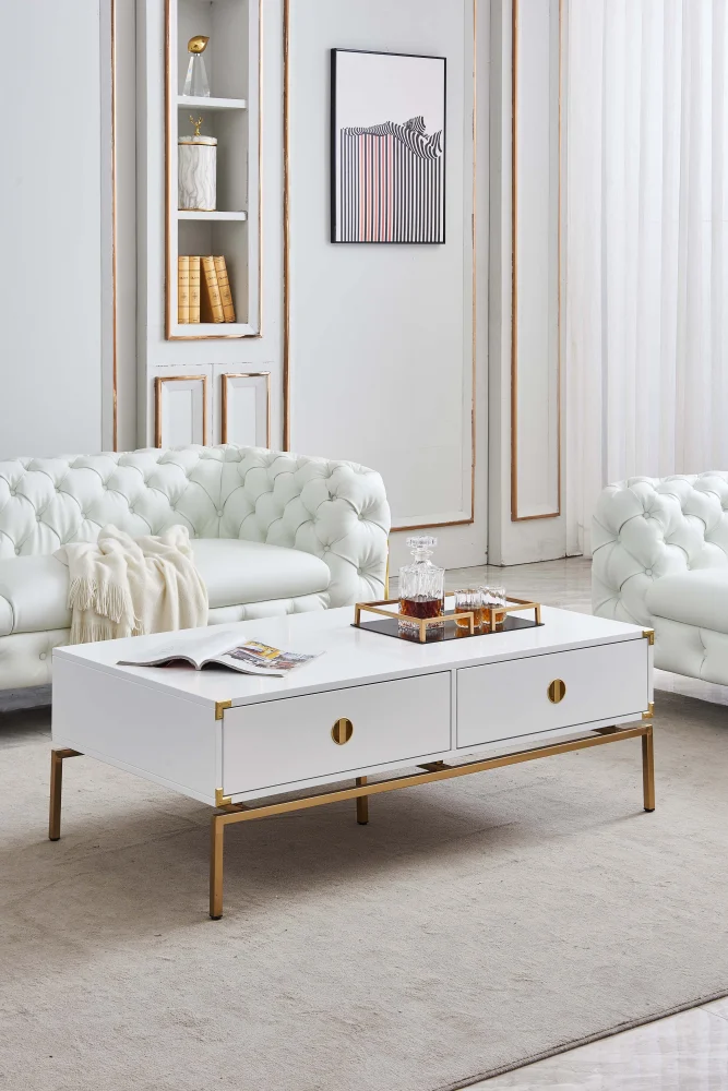 DeeHome Mirrored Finish Coffee Table with Large Storage Drawers and Stainless Steel Accents