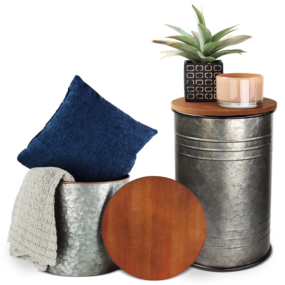 7Penn Farmhouse Side Table Storage Ottoman Set - 2pk Galvanized Metal Barrels - Rustic Decor