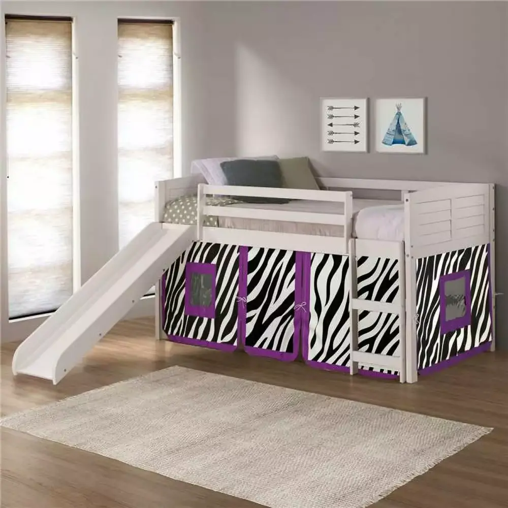 PD-790ATW-Z-785W Twin Size Louver Low Loft with Slide Zebra Tent in White