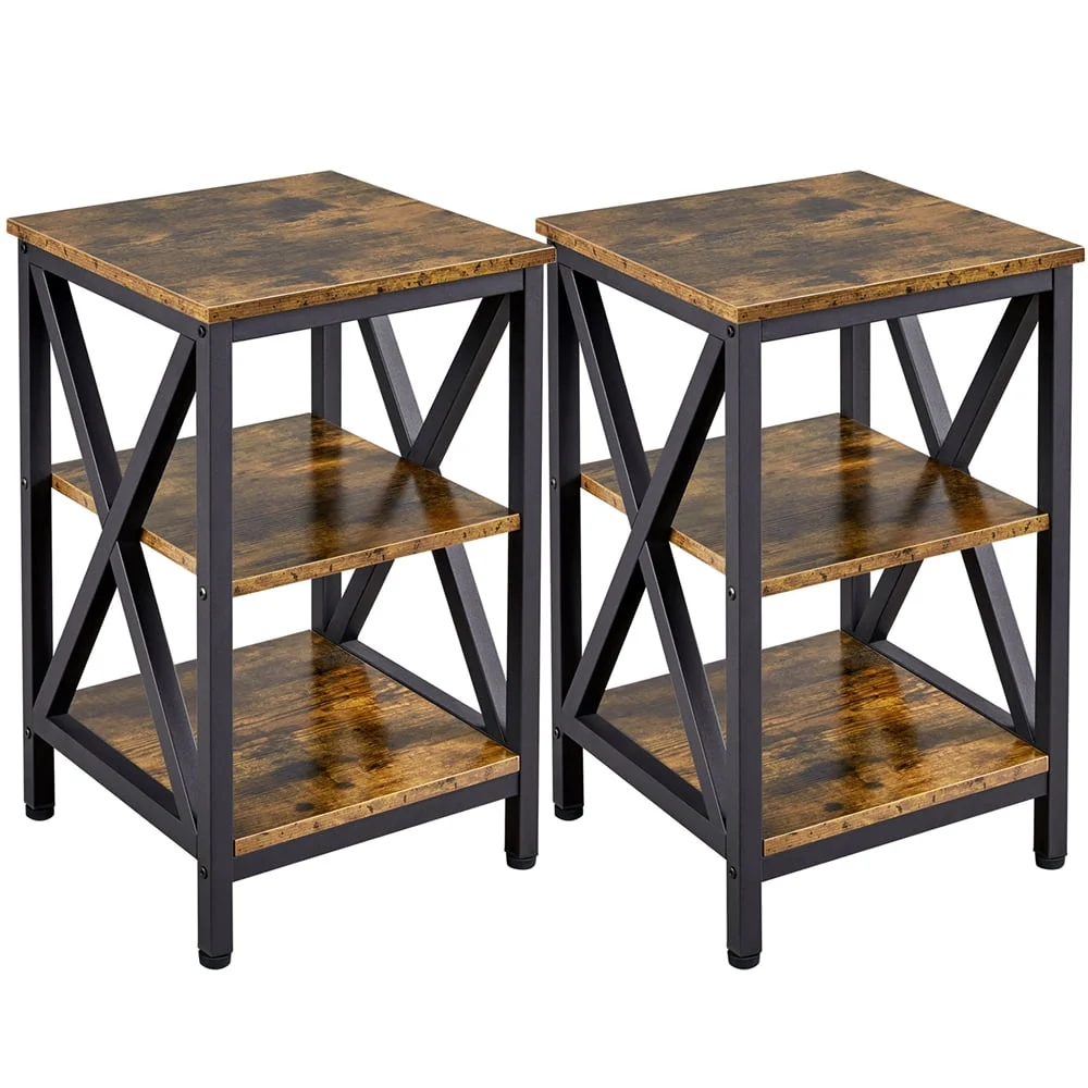 Easyfashion Wood and Metal 3 Tier End Table in Brown/Black - Multi-Level Storage Side Table