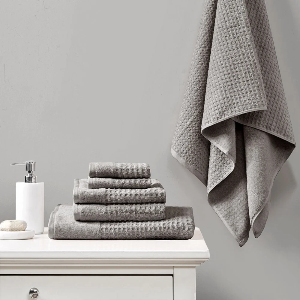 Cotton Waffle Jacquard Antimicrobial Bath Towel 6 Piece Set Charcoal Soft Absorbent