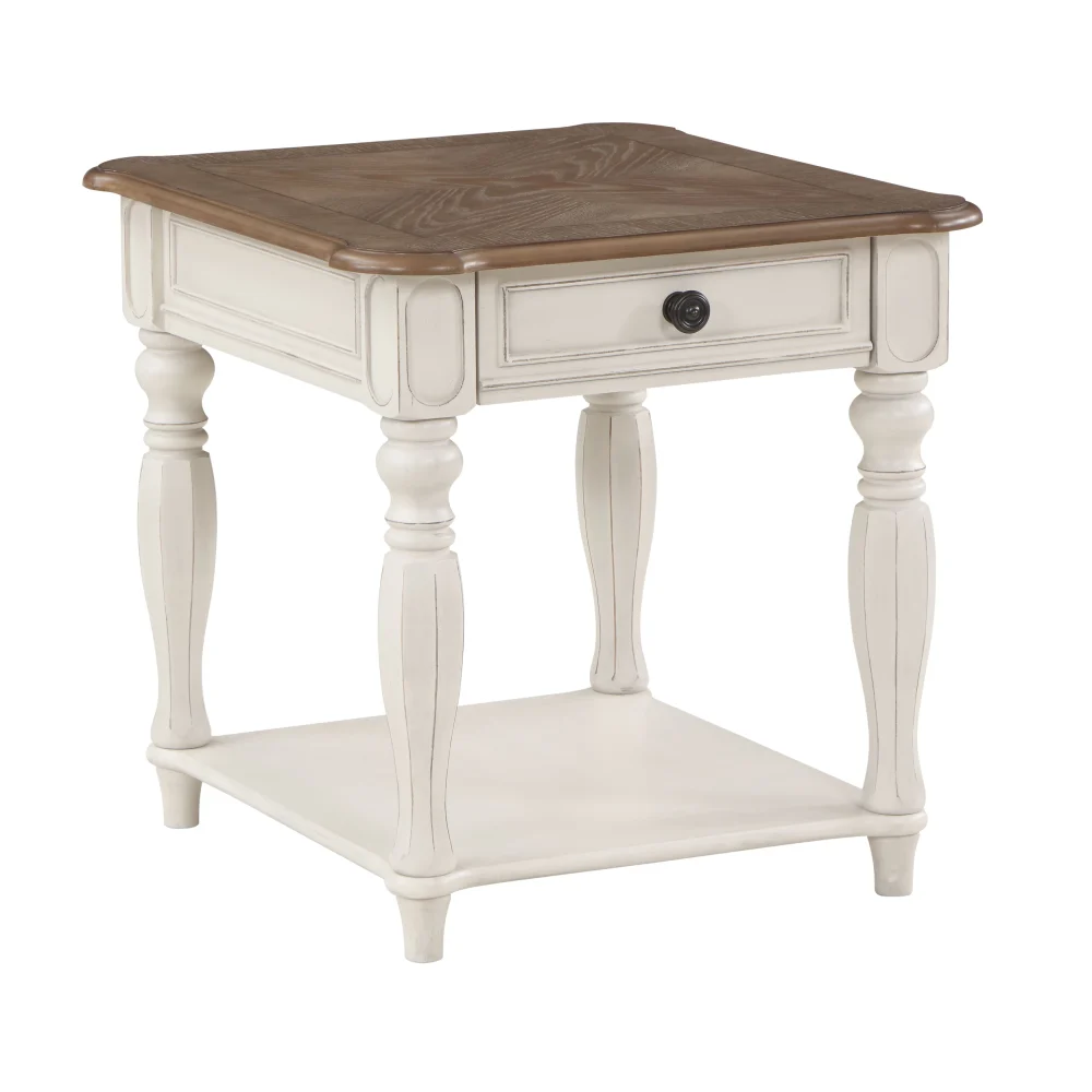 ACME Florian End Table in Oak and Antique White - Classic Living Room Table