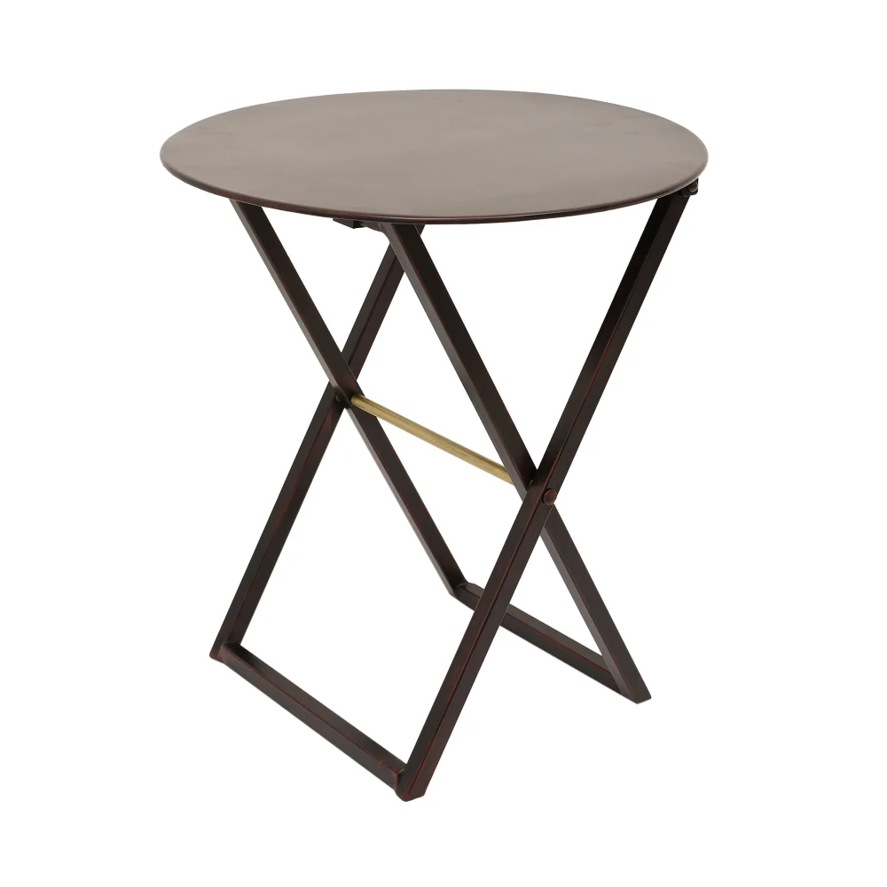 Lowry 20 Inch Dark Brown Round Metal Folding Tray Table by East at Main
