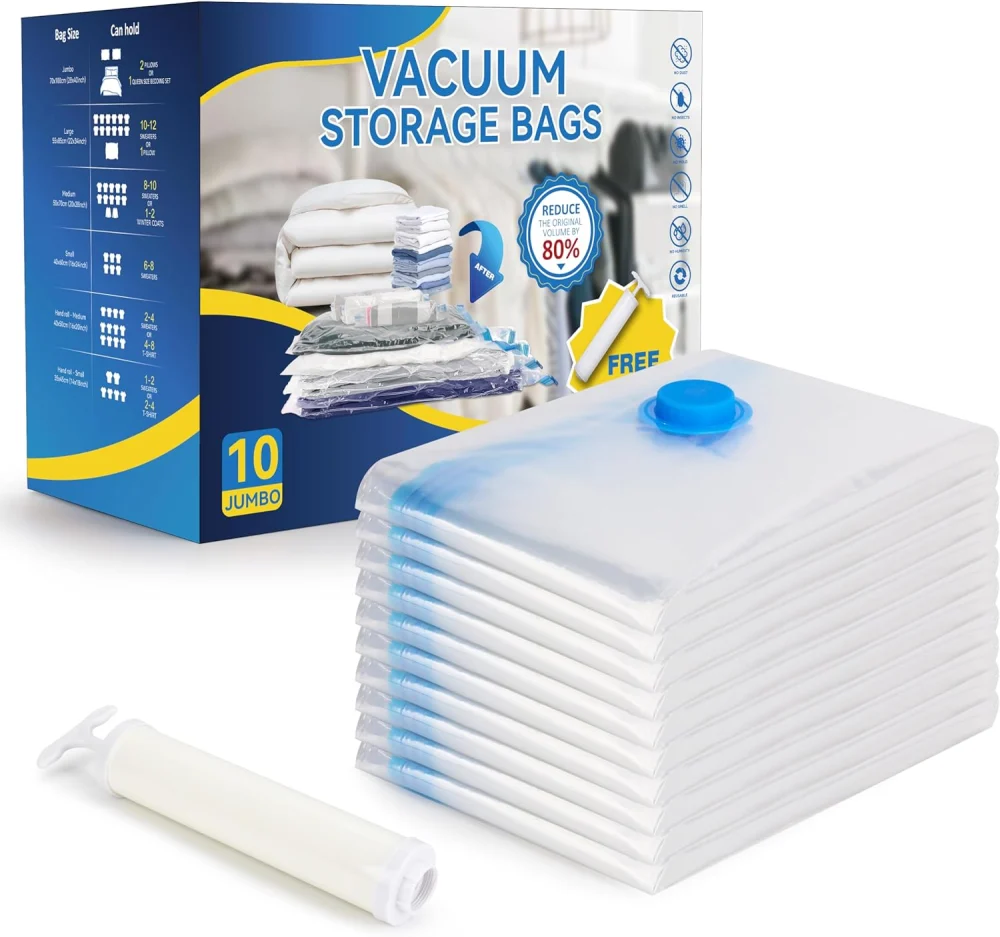 10 Jumbo Vacuum Seal Bags with Hand Pump Space Saving Storage Bags