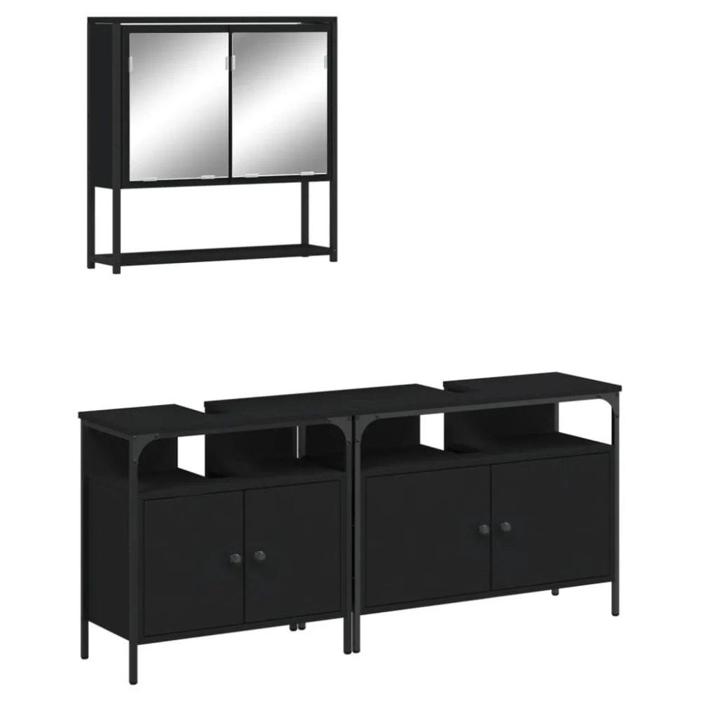 3 Piece Bathroom Furniture Set Black Engineered Wood Modern Vanity Set