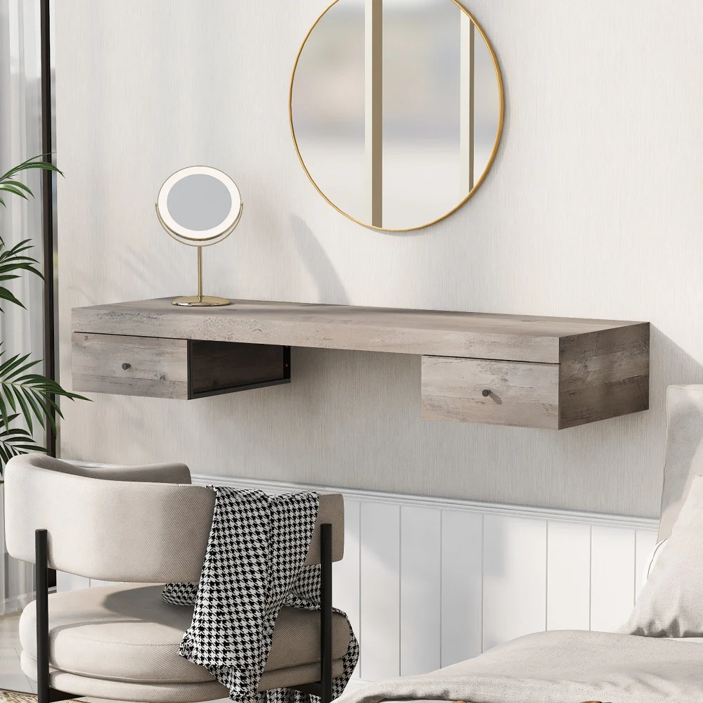 47.2 Inch Wall Mounted Floating Vanity Desk with Drawers and Mirror