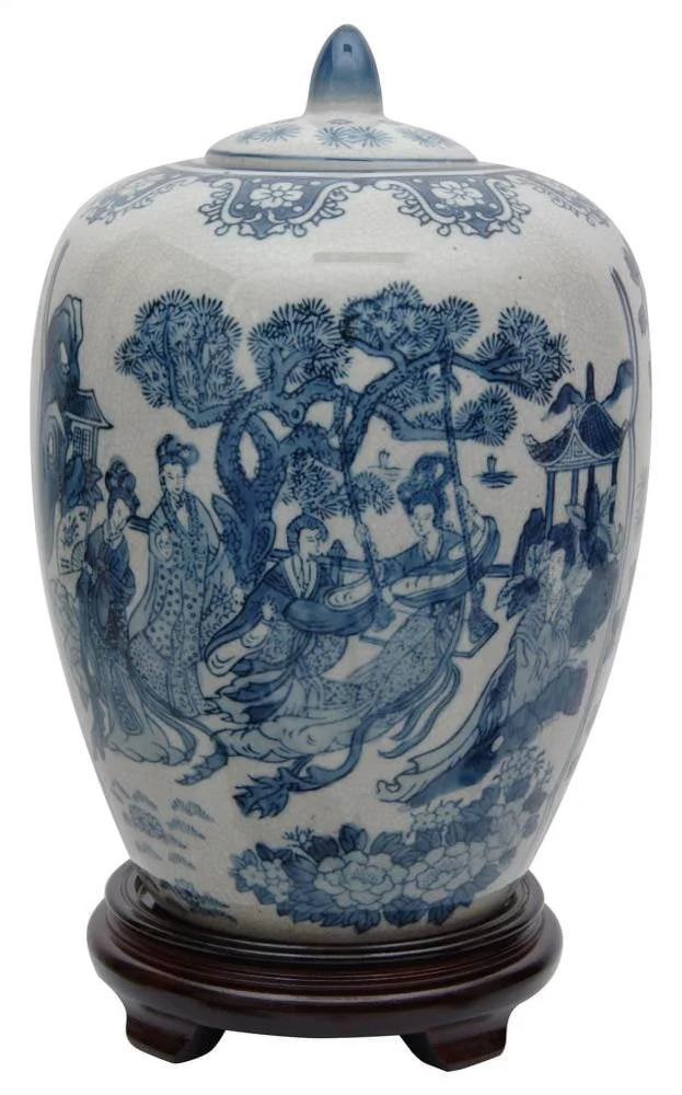 Oriental Furniture 11 Ladies Blue & White Porcelain Vase Jar Decorative End Table