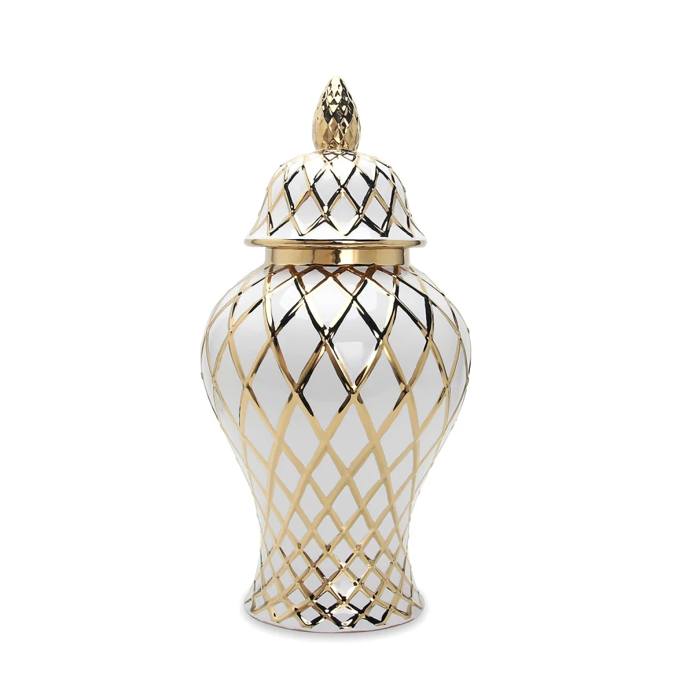White Precious Metal Porcelain Decorative Ginger Jar Vase Home Decor