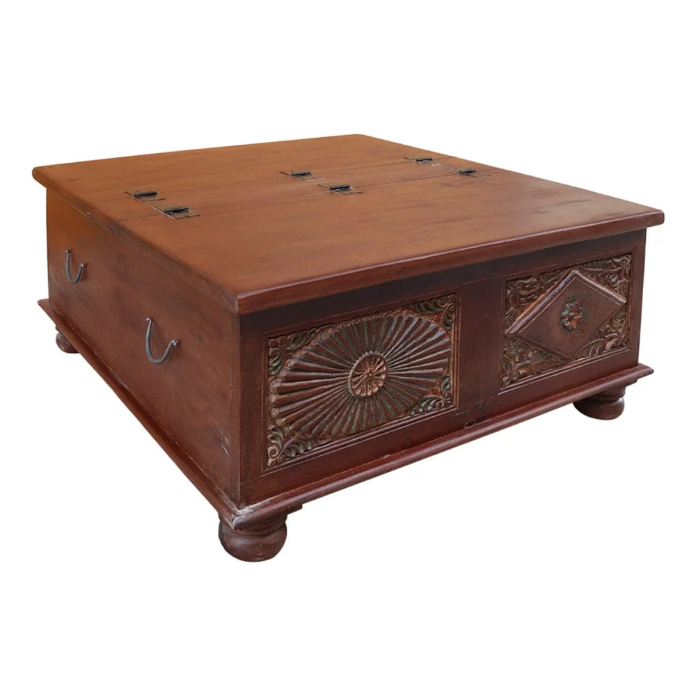 18 Inch Vintage Trunk Storage Coffee Table Solid Wood Hand Carved Indian Cocktail Furniture