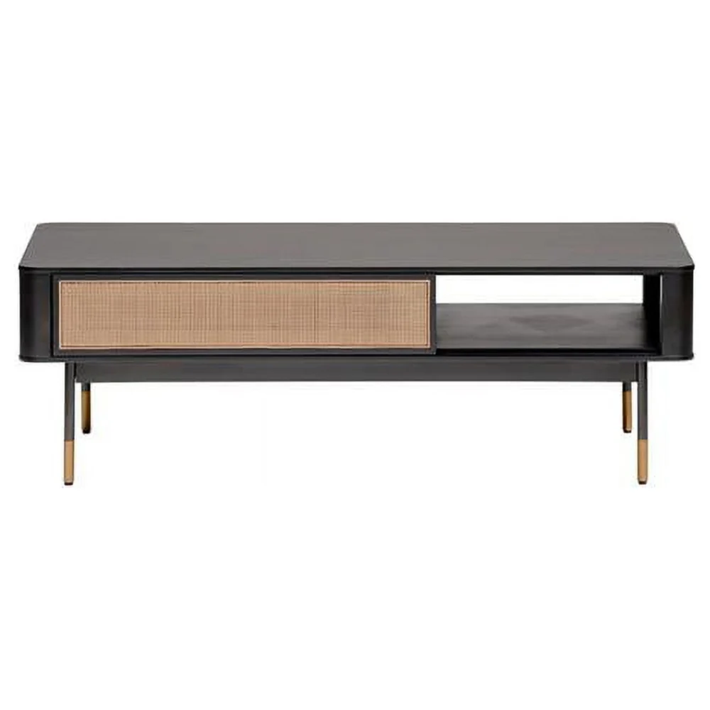 HomeRoots Black Coffee Table with Natural Wicker - 47.25 x 23.63 x 15.75 Inch