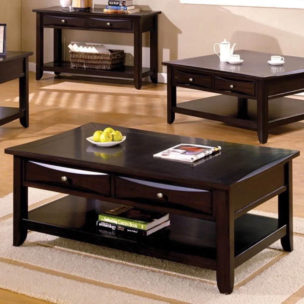 2 Drawer Espresso Brown Wooden Coffee Table with Open Bottom Shelf