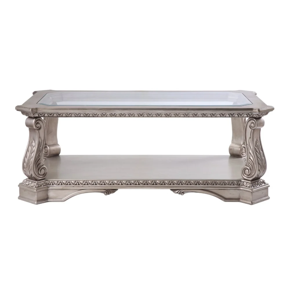Wooden Coffee Table with Inserted Glass Top and Scrolled Legs in Silver and Clear - Saltoro Sherpi