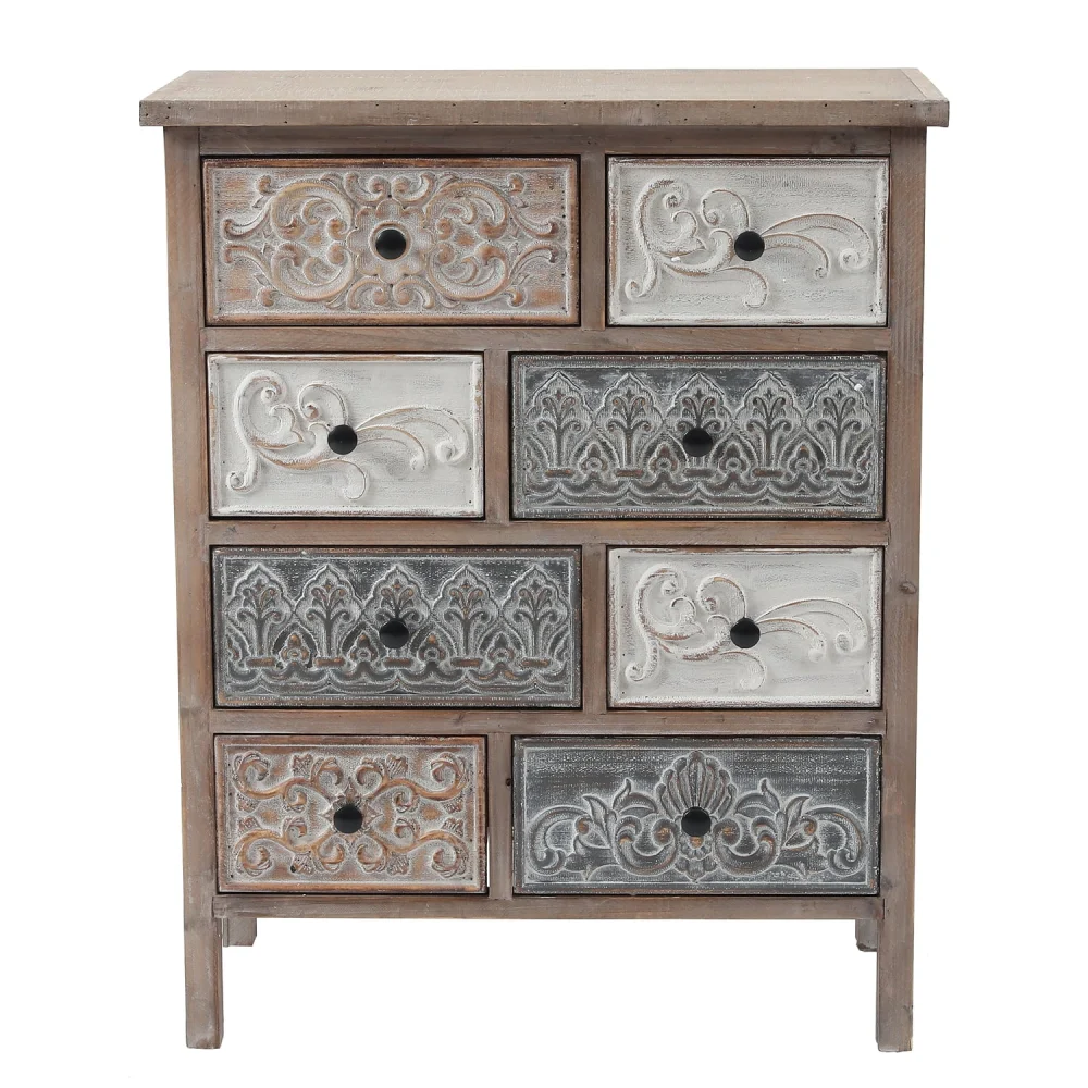 LuxenHome 8-Drawer 32.09 Inch Rustic Carved Wood Accent Chest for Bedroom