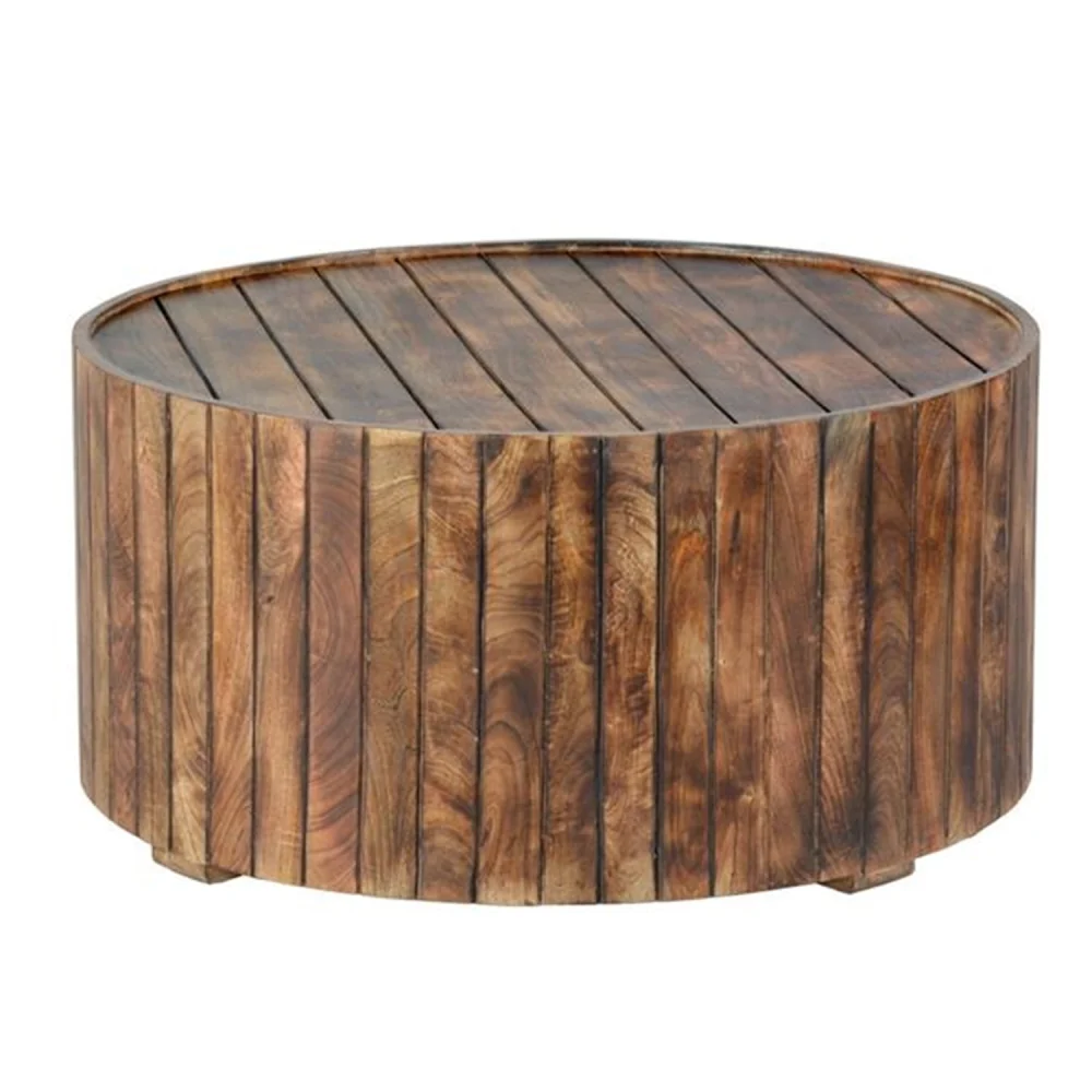The Urban Port 34 Inch Round Wooden Coffee Table Rustic Brown Plank Style Side