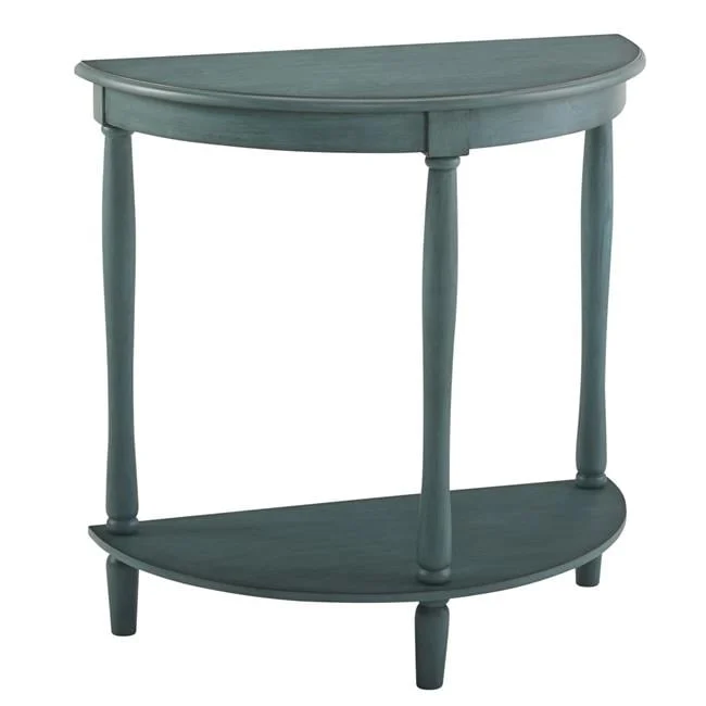 Benjara 28 Inch Kiana Semicircle Side End Table with Bottom Shelf in Antique Teal Wood